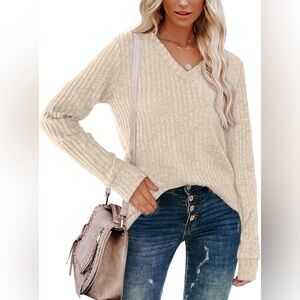 New-V Neck Long Sleeve Top Lightweight Tunic Sweaters Loose Fit Wide Ribbed